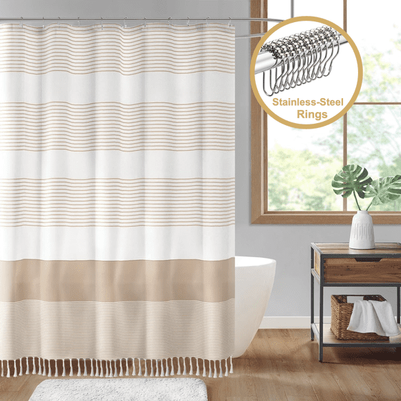 Juego de 13 Cortinas de Ducha ComfiTime con Borlas y Ganchos Tela Resistente Estilo Bohemio 72' x 72' Beige