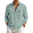 thumbnail image 2 of Fabrcox S-4XL Mens Linen Button Down Shirts Roll Up Collared Long Sleeve Shirt Men Sun Protection Vacation Travel Summer Men Beach Shirt with Pocket Green S, 2 of 8