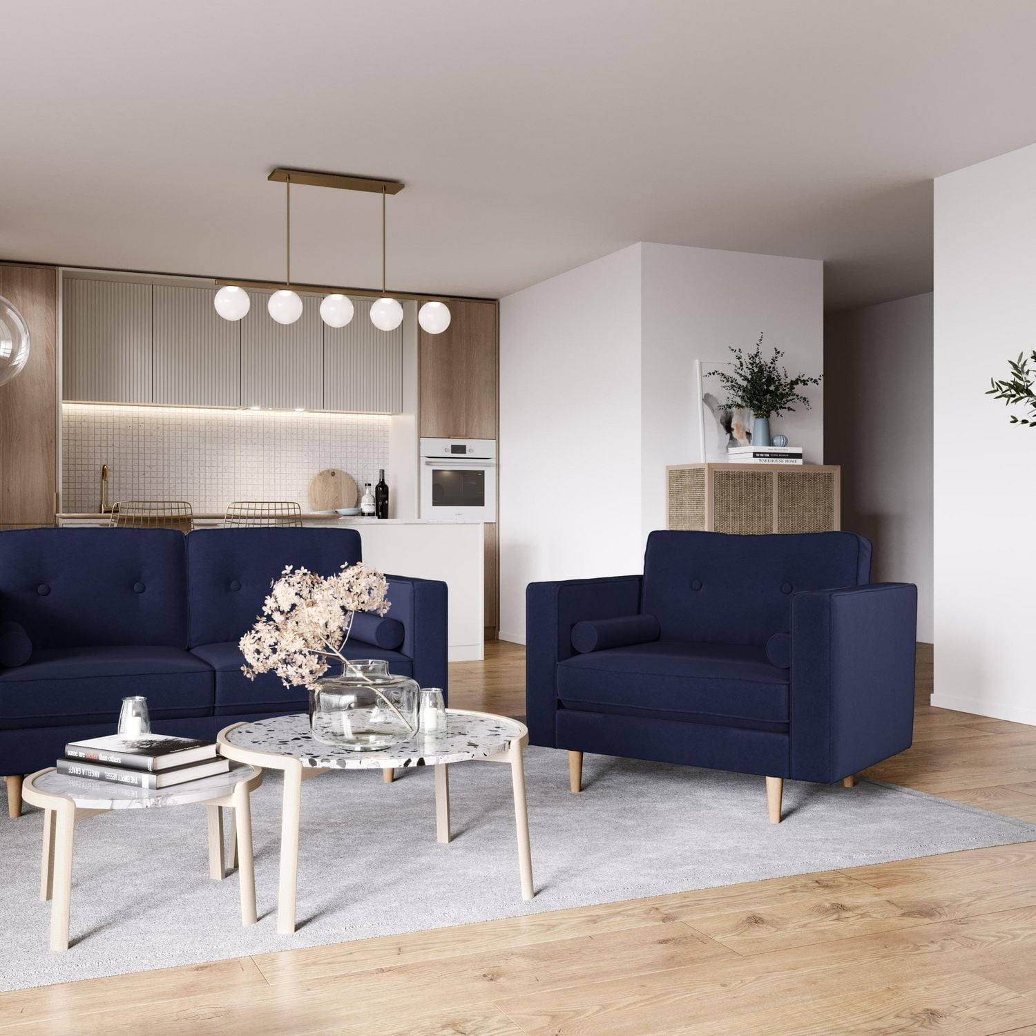 CorLiving Mulberry Mid-Century Comfy Wide Indoor Armchair with 2 Bolster Cushions and Wood Legs