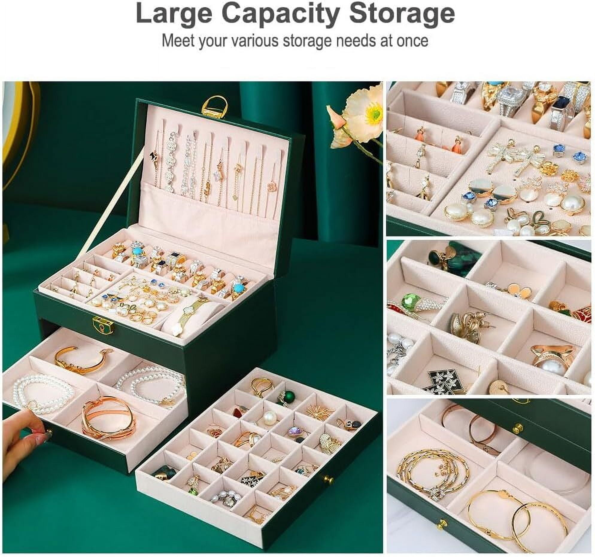 Womens Gifts for Christmas,Jewelry Box for Women,Large Jewelry Organizers and Storage,3 Layer Jewelry Box with Lock with Removable Tray for Necklaces Earrings Bracelets Rings Watches - Green