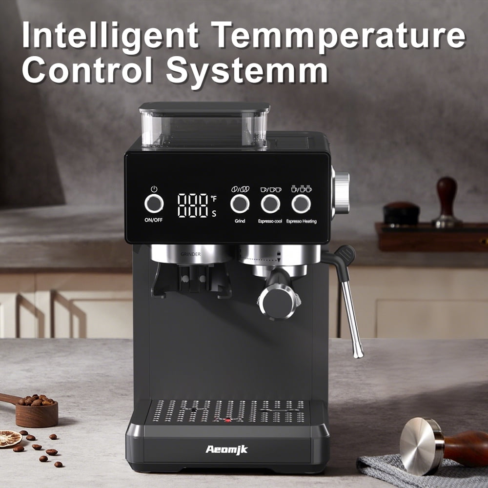 AEOMJK Grinding All-in-One Semi-Automatic Coffee Machine, Temperature Display, Time Display, Froth Milk with Steam Stick, Easy Operation Espresso Machine, Can Make Espresso, Latte, Cappuccino