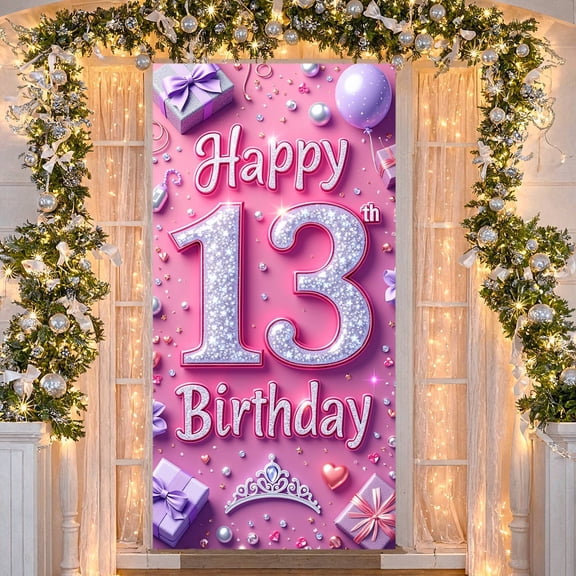 Pink Theme 13th Birthday Banner Glitter Style Display Princess Crown Heart Shape Glitter Celebration Backdrop for 13th Birthday Party Teenage Celebration Princess Party
