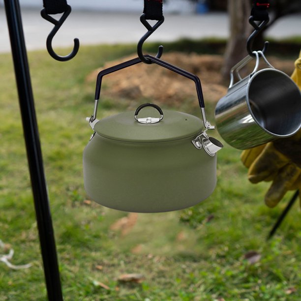 Hervidor de agua portátil para acampar, jarra de 1L con asa, vajilla para senderismo al aire libre, verde militar, verde Hervidor de agua portátil para acampar