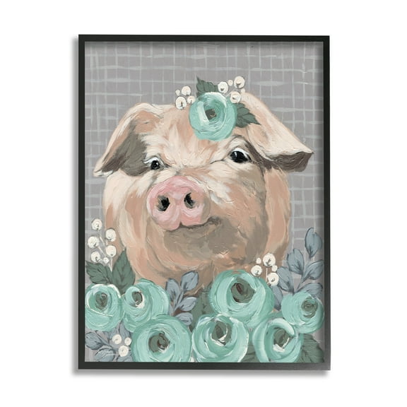 Stupell Industries Fuzzy Pig Surrounded Turquoise Flower Arrangement Pattern Painting Black Framed Art Print Wall Art, Design by Michele Norman