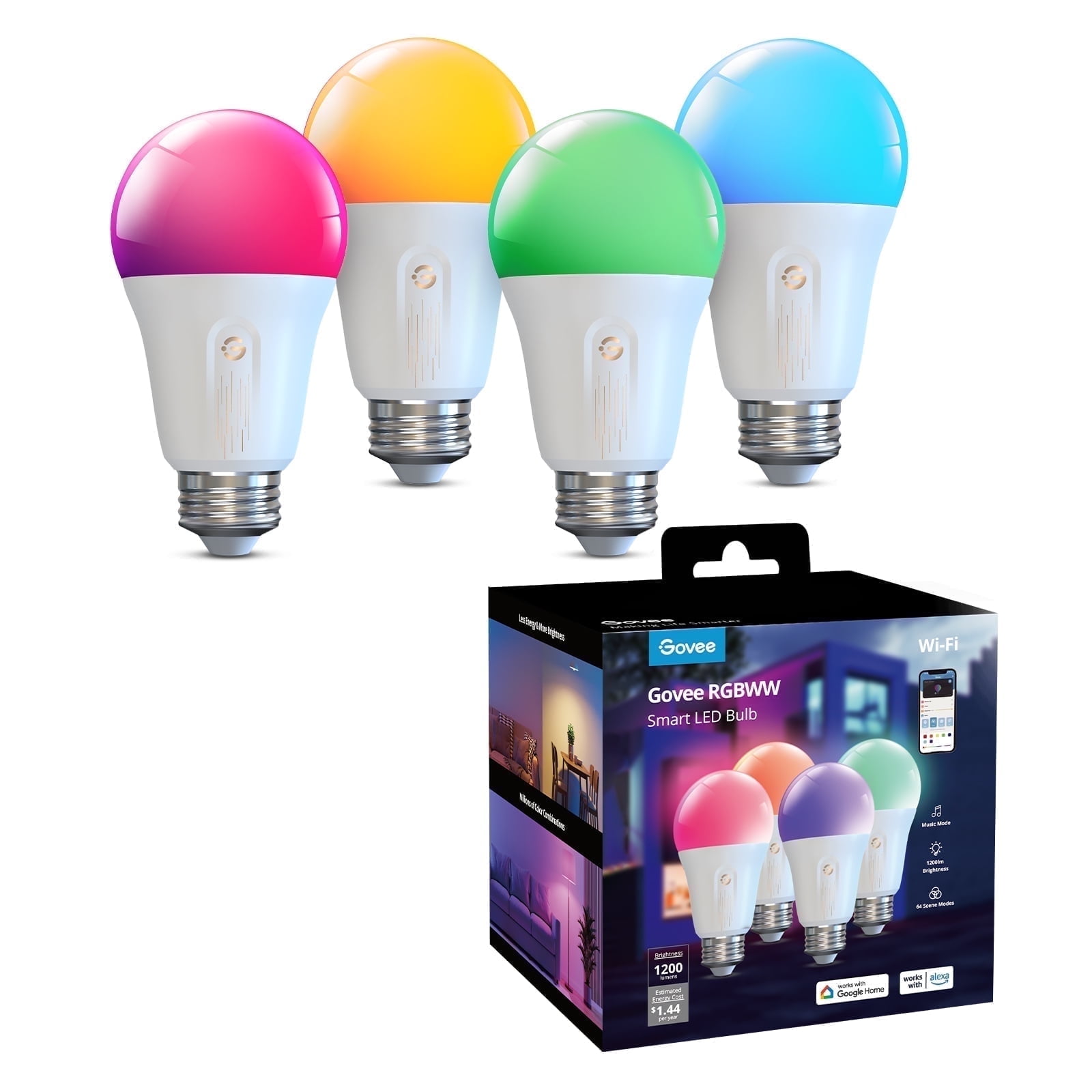Govee A19 Wi-Fi 1200LM RGBWW LED Smart Light Bulb, Wi-Fi & Bluetooth Light Bulbs, Dimmable, Color Changing, 85W Equivalent Bulbs,4 packs