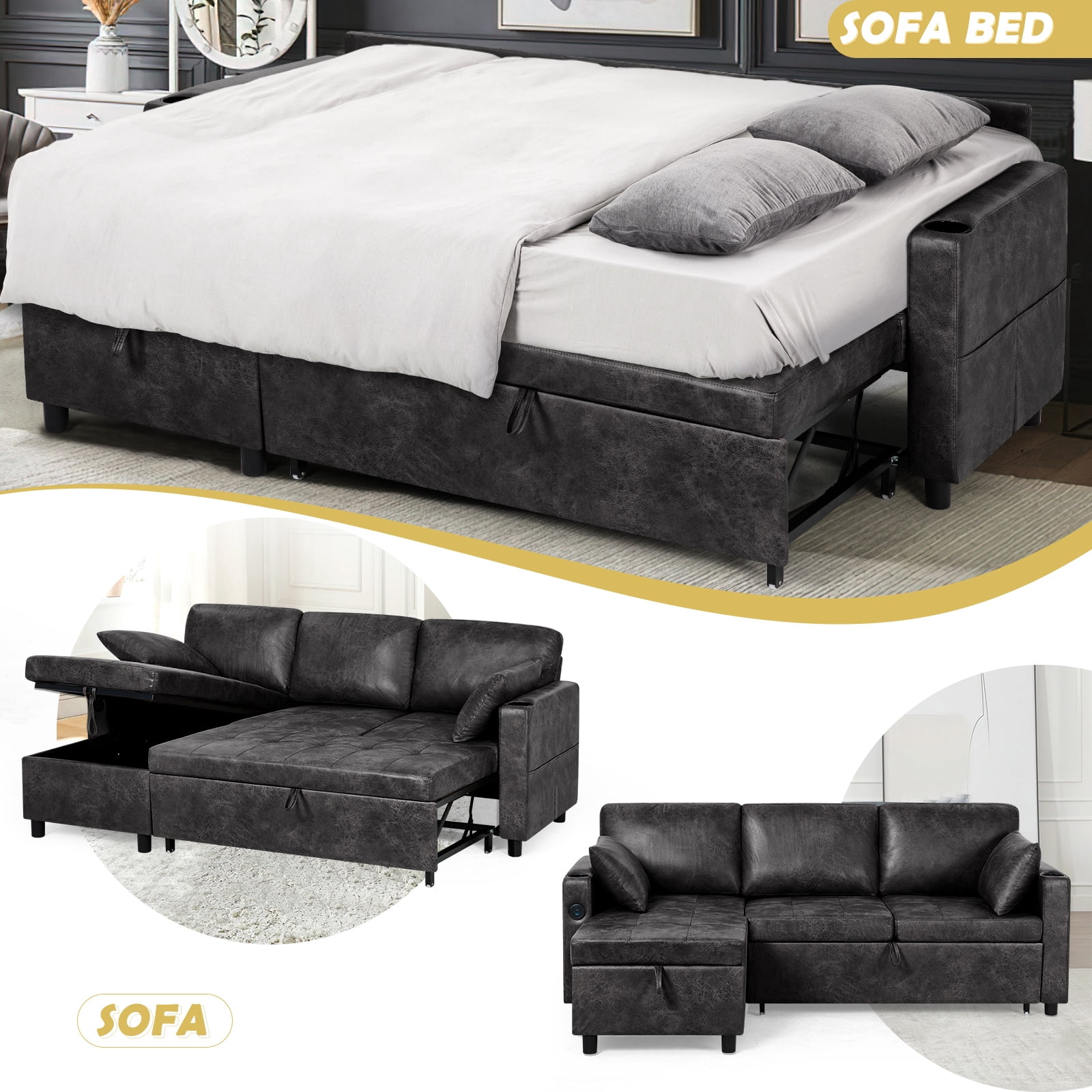 ACMEASE 84" Suede Leather Sectional  Sofa w/Adjustable Backrests, Pull Out Sofa Bed w/USB Charger Port& Reversible Storage Chaise,Convertible L-Shaped Sofa with Cup Holders for Living Room, Black