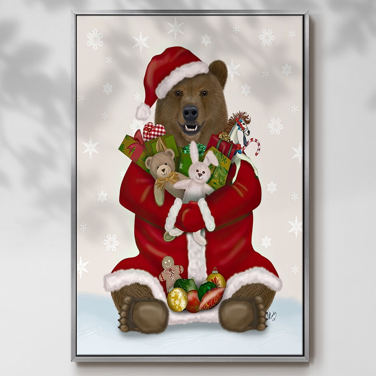 Christmas Christmas Present Bear Hug - Framed Gallery Wrapped Holiday Canvas - 25 x 37 - Silver Frame