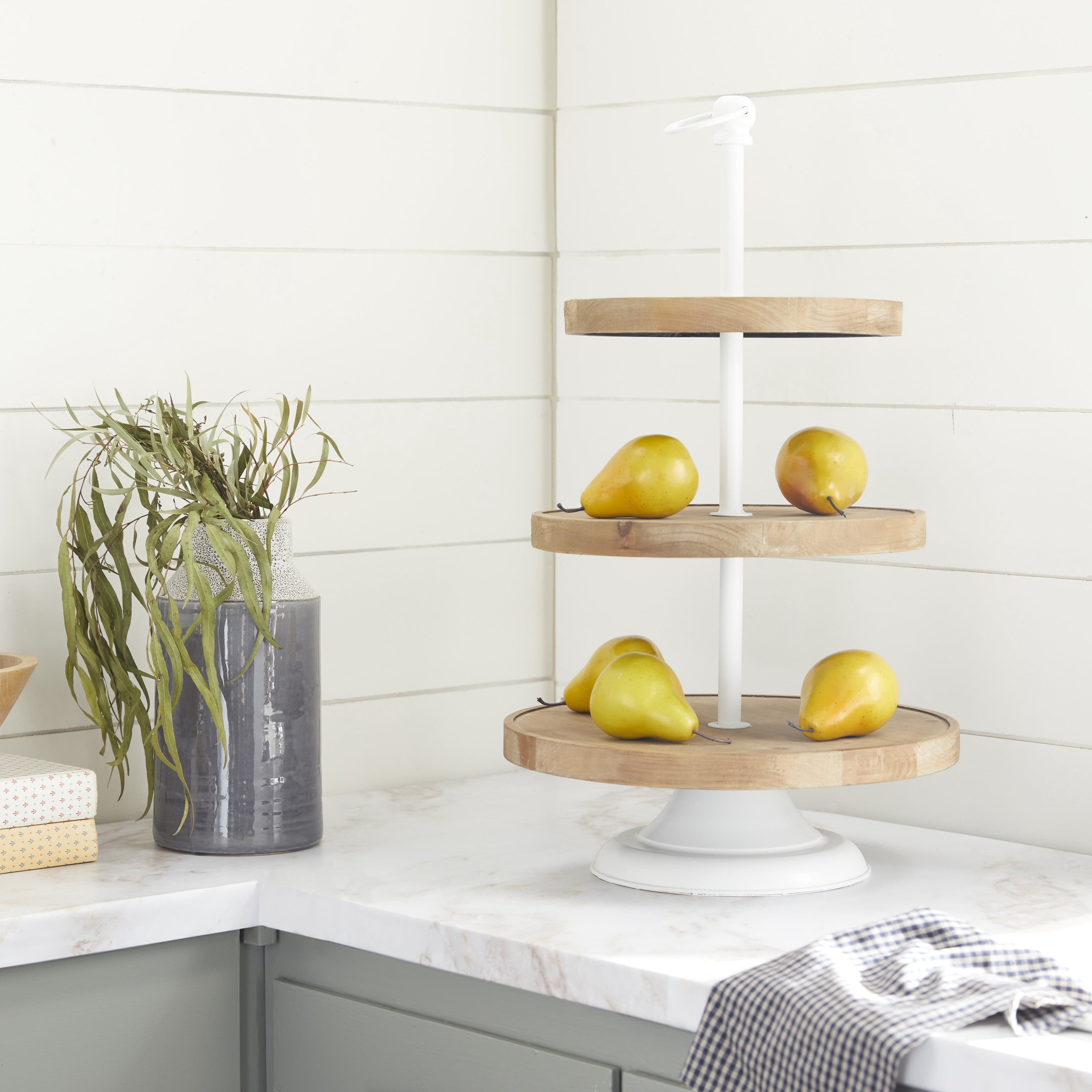 DecMode Brown Wood Farmhouse Tiered Server
