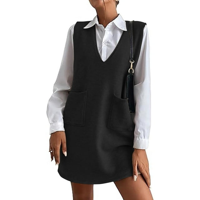 Fankiway Robe Courte en Laine Sans Manches à Col en V Fendue sur le Côté avec Poches Robes de Plage pour Femmes Grande Taille