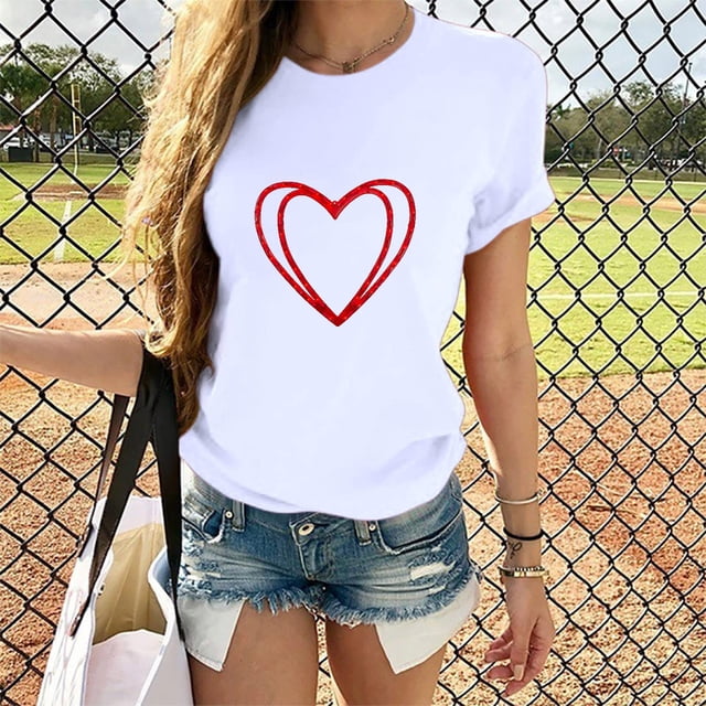 TIMIFIS T-Shirts de la Saint-Valentin pour Femmes Été Décontracté Manches Courtes Col Rond T-Shirt Mignon Imprimé Cœur d'Amour