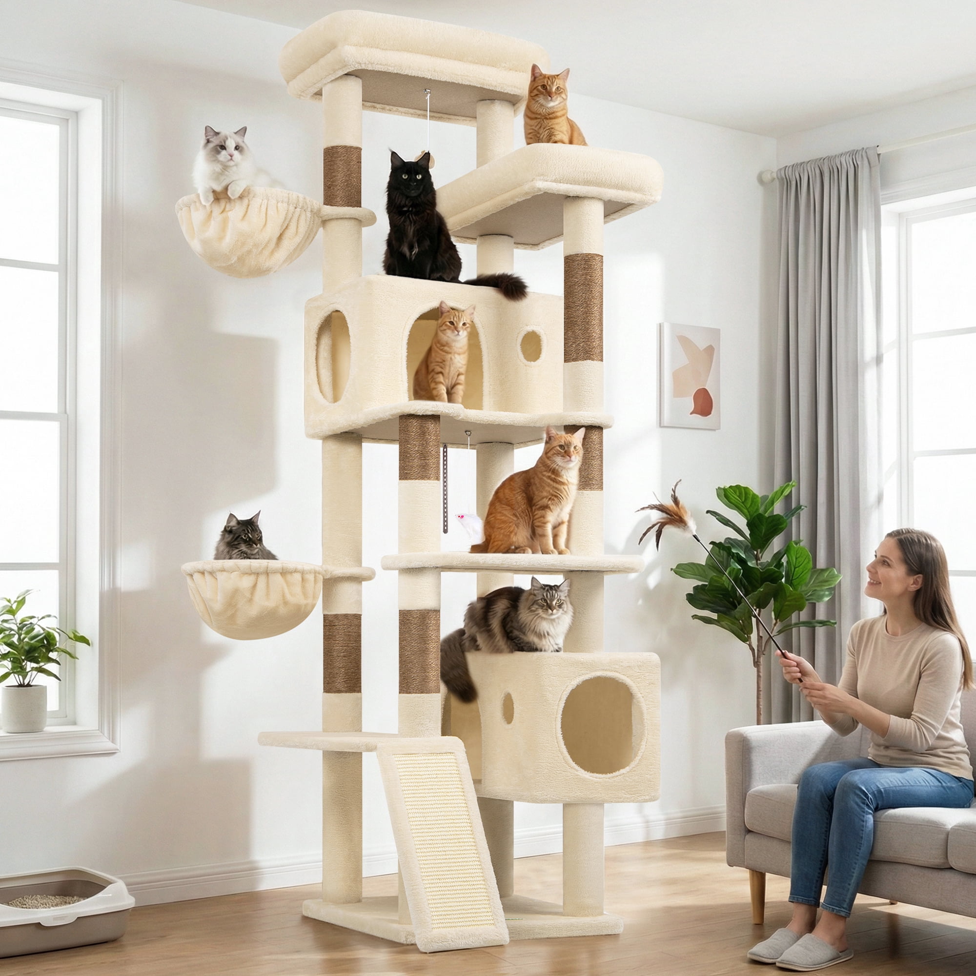 Globlazer 77" Large Cat Tree and Tower Condo for Indoor Cats with Sisal Scratching Posts, Condos, Hammock & Hammock, Beige