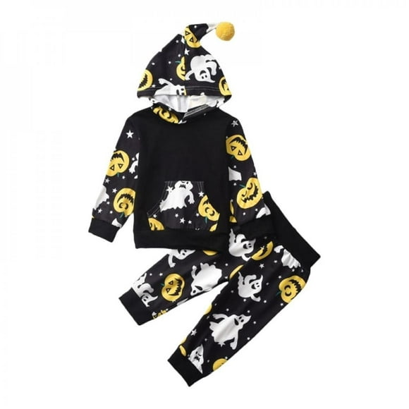 POINTERTECK Halloween Funny Print Hooded Sweater Trousers Two-piece Black 120 Yards