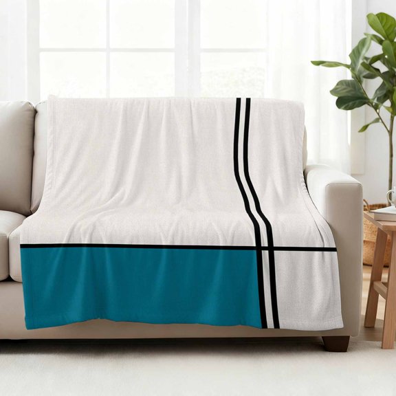 Fleece Blanket Abstract Teal White Color Blocks Blankets,Soft Cozy Warm Flannel Throw Blanket,Simple Geometric Art on Linen Blanket for Bed Couch Sofa 50x60in