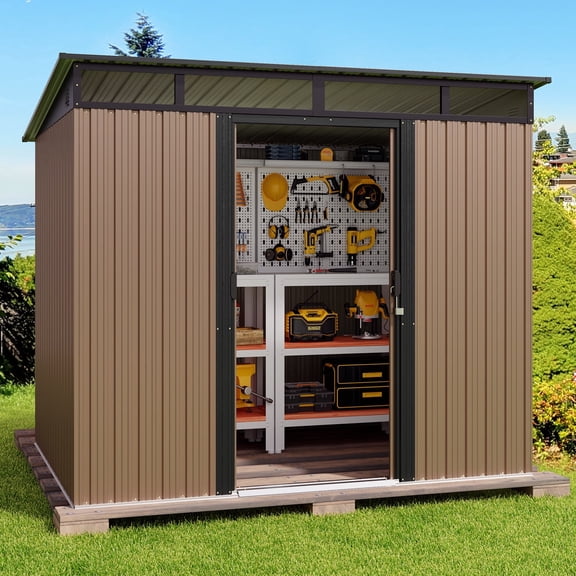 Outdoor Storage Shed, Asofer 8'x6' Metel Shed with Sliding Doors for Patio, Brown