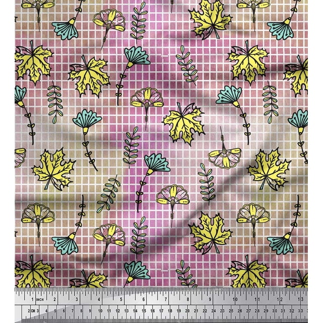 Soimoi Purple Rayon Fabric Maple Leaves & Artistic Floral Check Print Sewing Fabric Yard 56 Inch Wide