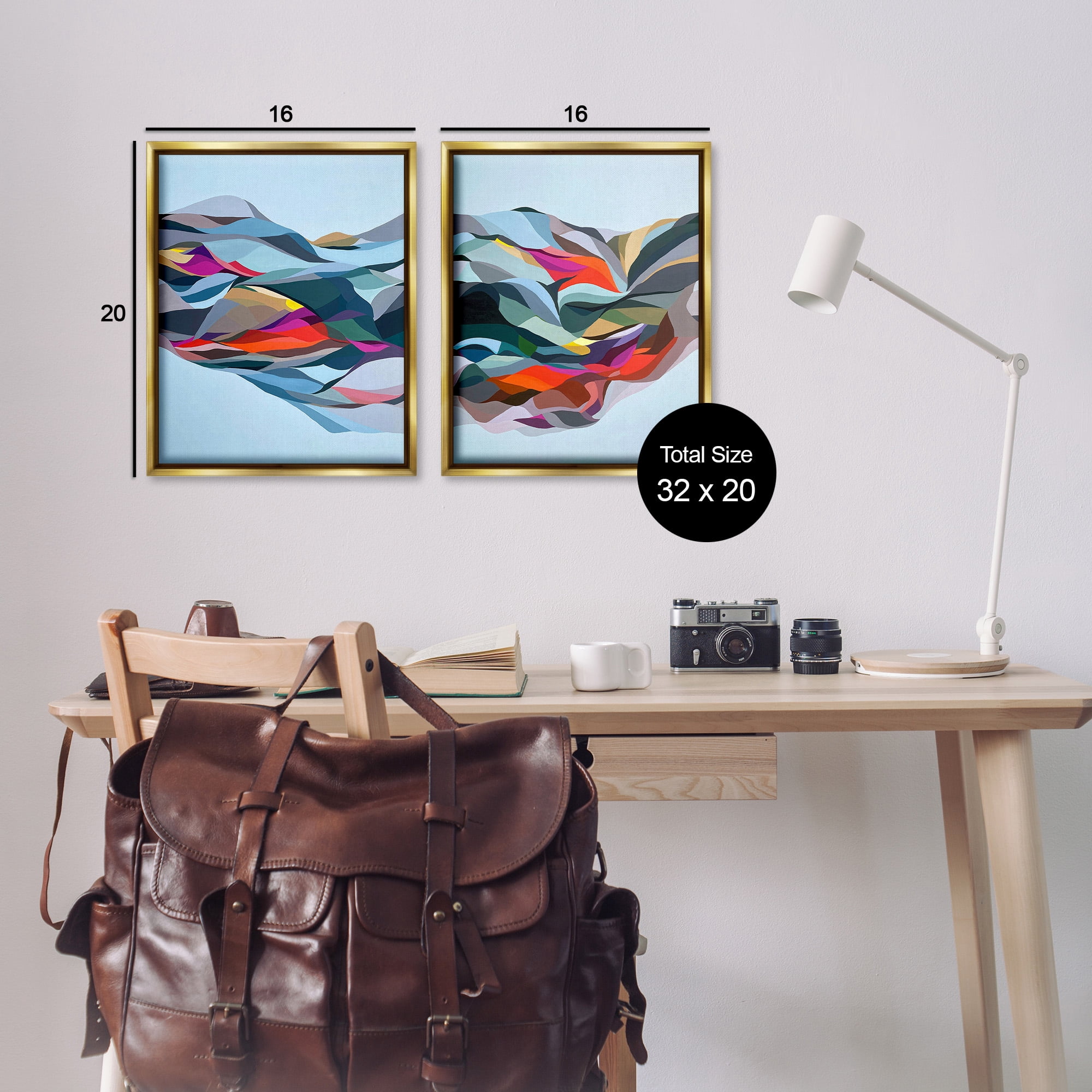 Stupell Industries Patterned Mountain Abstraction Abstract Painting Gold Floater Framed Canvas Art Print Wall Art, 17 x 21, Set of 2