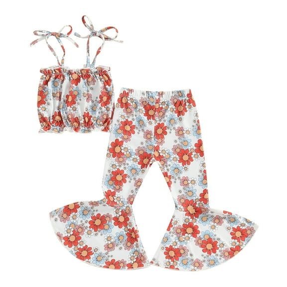 Bagilaanoe 2pcs Toddler Baby Girl Summer Outfits Pants Set Flower Sleeveless Crop Tops Flare Trousers 6M 12M 2T 3T 4T 5T Kids Casual Clothes