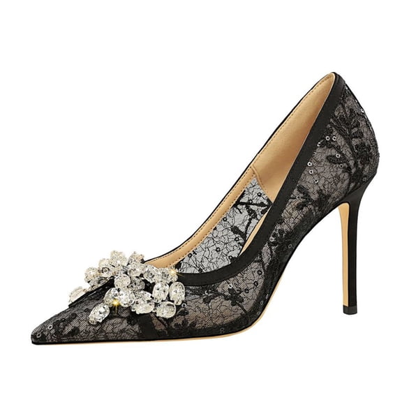 Women Pointed Toe Stiletto High Heels 9CM Sexy Lace Mesh Rhinestones Bow Wedding Pumps Black for Bride Prom Party