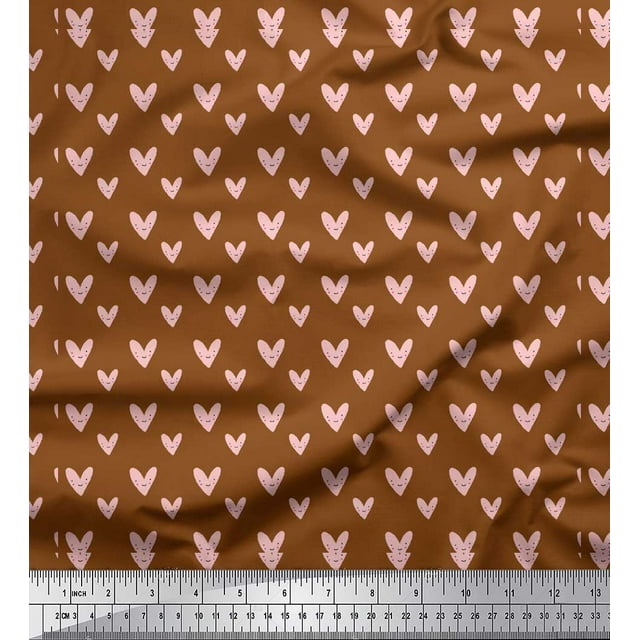 Soimoi Brown polyester Crepe Fabric Cute Smile Heart Printed Craft Fabric by the Yard 52 Inch Wide