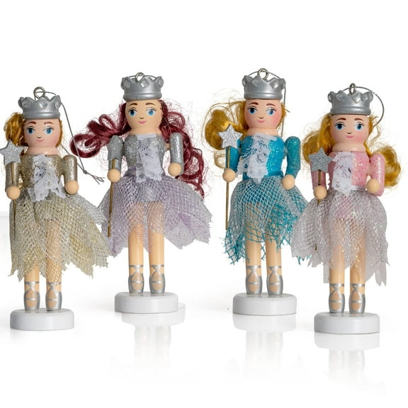 Ornativity Nutcracker Hanging Ornament Figures – Fairy Ballet Dancers Glittered Christmas Mini Wooden Nutcrackers Xmas Tree Ornament Set – 4 Pieces