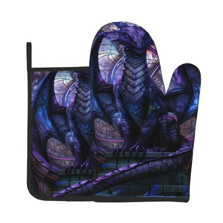 

Zeuib Fantasy Dragon In Cathedral Print Oven Mitt & Pot Holder Set 2-Pack Kitchen Gloves and Hot Pads for Cooking BBQ Grilling Baking