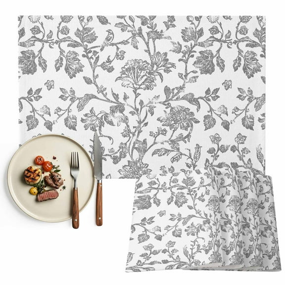 Placemats Set of 4, Grey Pastoral Flower Place Mats Farmhouse Floral Tablemats Washable Placemat Table Decoration for Kitchen Table Dinner Party Home Decor Indoor Outdoor 13x19 Inch