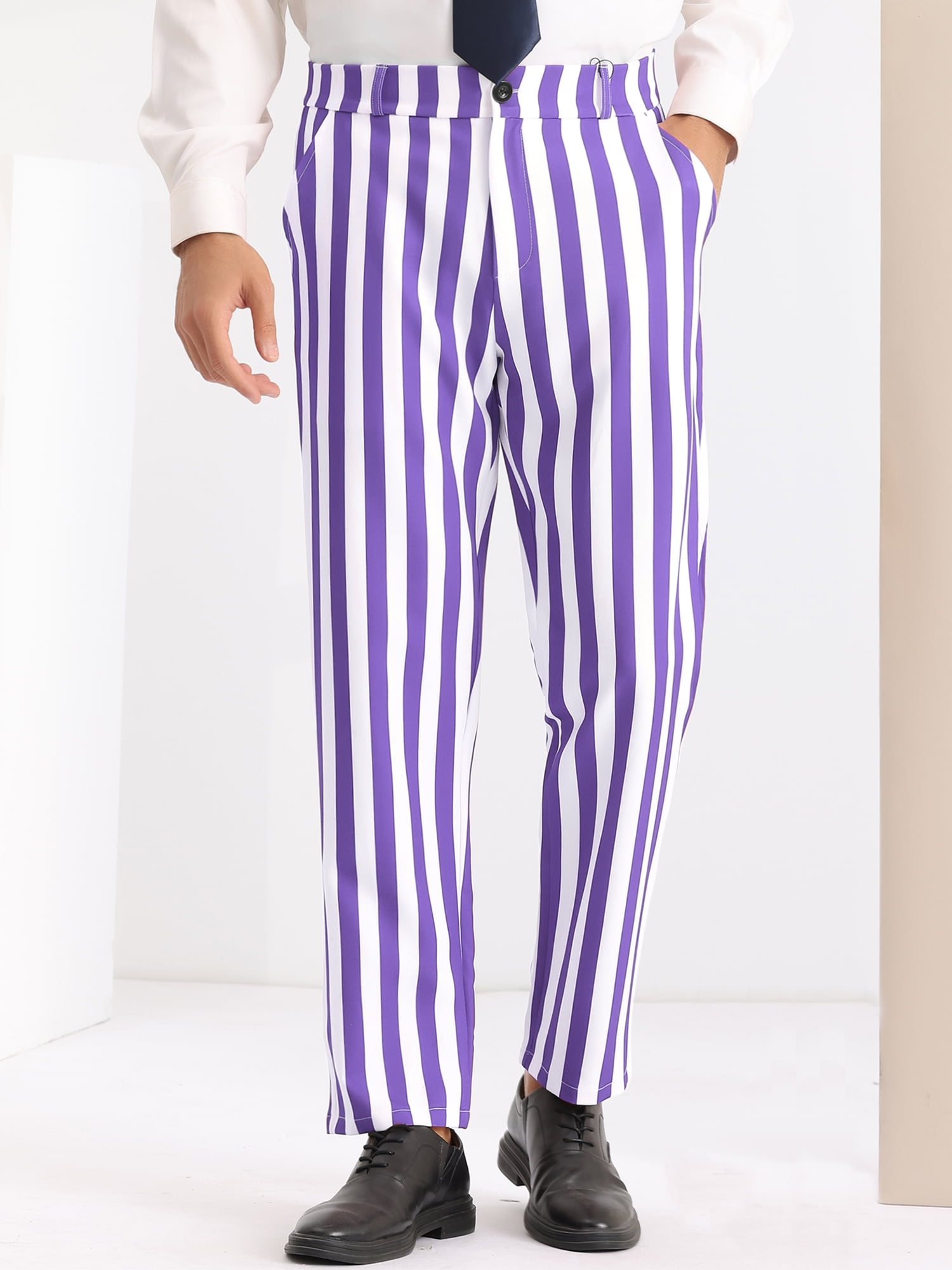 Unique Bargains Men s Striped Dress Pants Straight Leg Color Block Business Trousers 32 Purple White