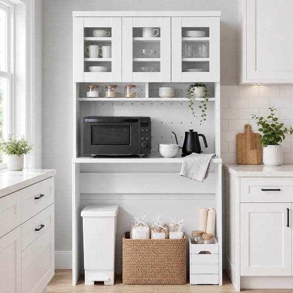 71.5 Inch Kitchen Cabinet with Trash Can Storage, Microwave Stand, Pantry Cabinet with Drawer and Adjustable Shelves, Freestanding Kitchen Hutch,White