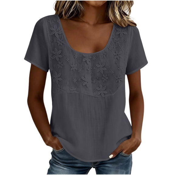 jjayotai Cotton Linen Tops for Women Casual Short Sleeve Shirts Crewneck Boho Dressy Blouses Summer Loose Tunics
