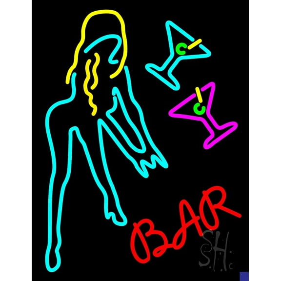 Martini Glasses Girl Bar LED Neon Sign 24 x 31 - inches, Clear Edge Cut Acrylic Backing, with Dimmer - Bright and Premium built indoor LED Neon Sign for Bar decor.