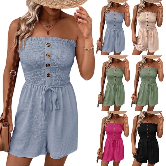 Womens Summer Romper Strapless Beach Vacation Jumpsuit Resort Wear Shorts, Stylish and Comfortable Romper for Daily Wear and Outings, Summer Trendy Beach Vacation Outfits 2026 Beige L