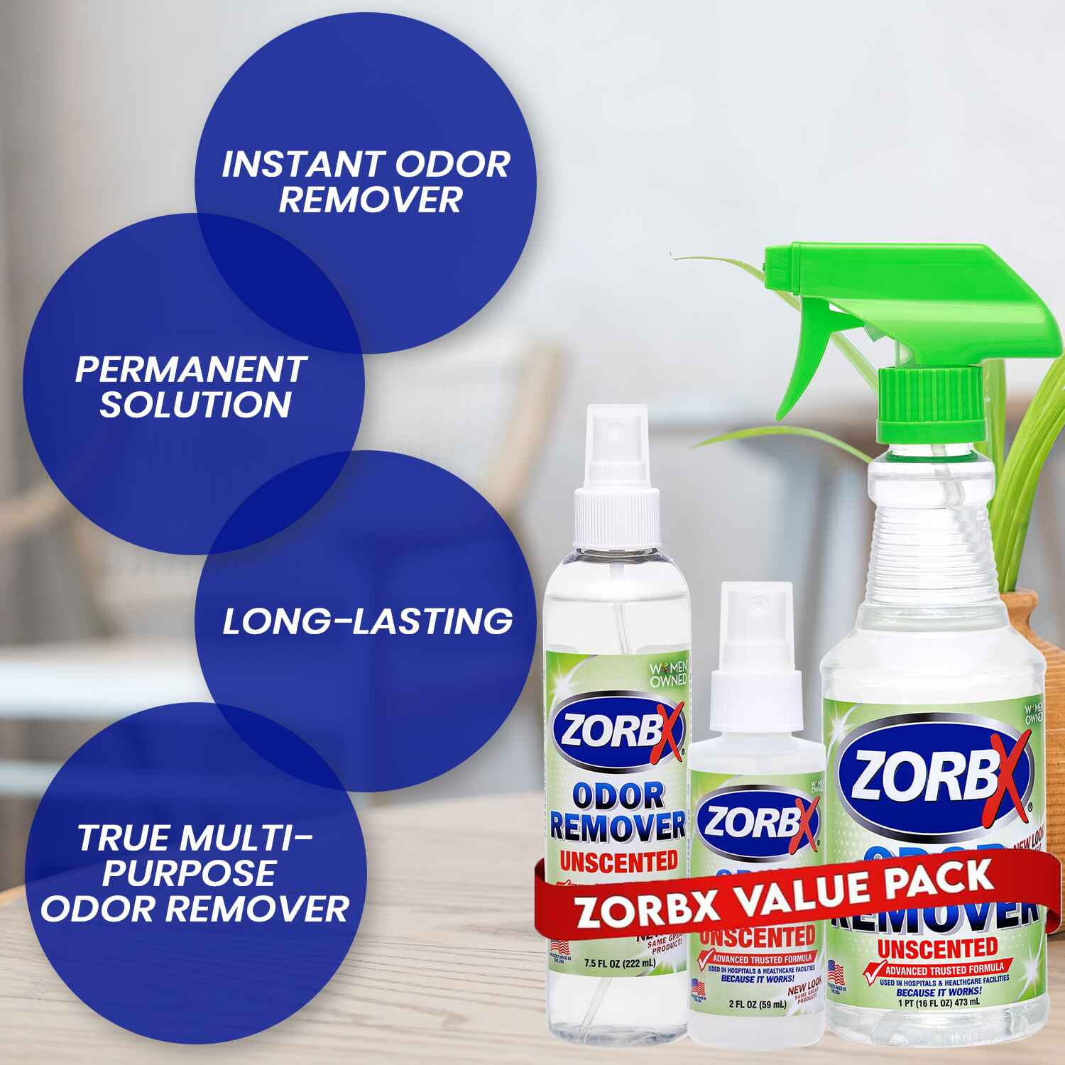 ZORBX Unscented Odor Eliminator Spray for Hospitals & Healthcare – Dog, Cat, Car & Carpet Deodorizer (16oz + 7.5oz + 2oz)