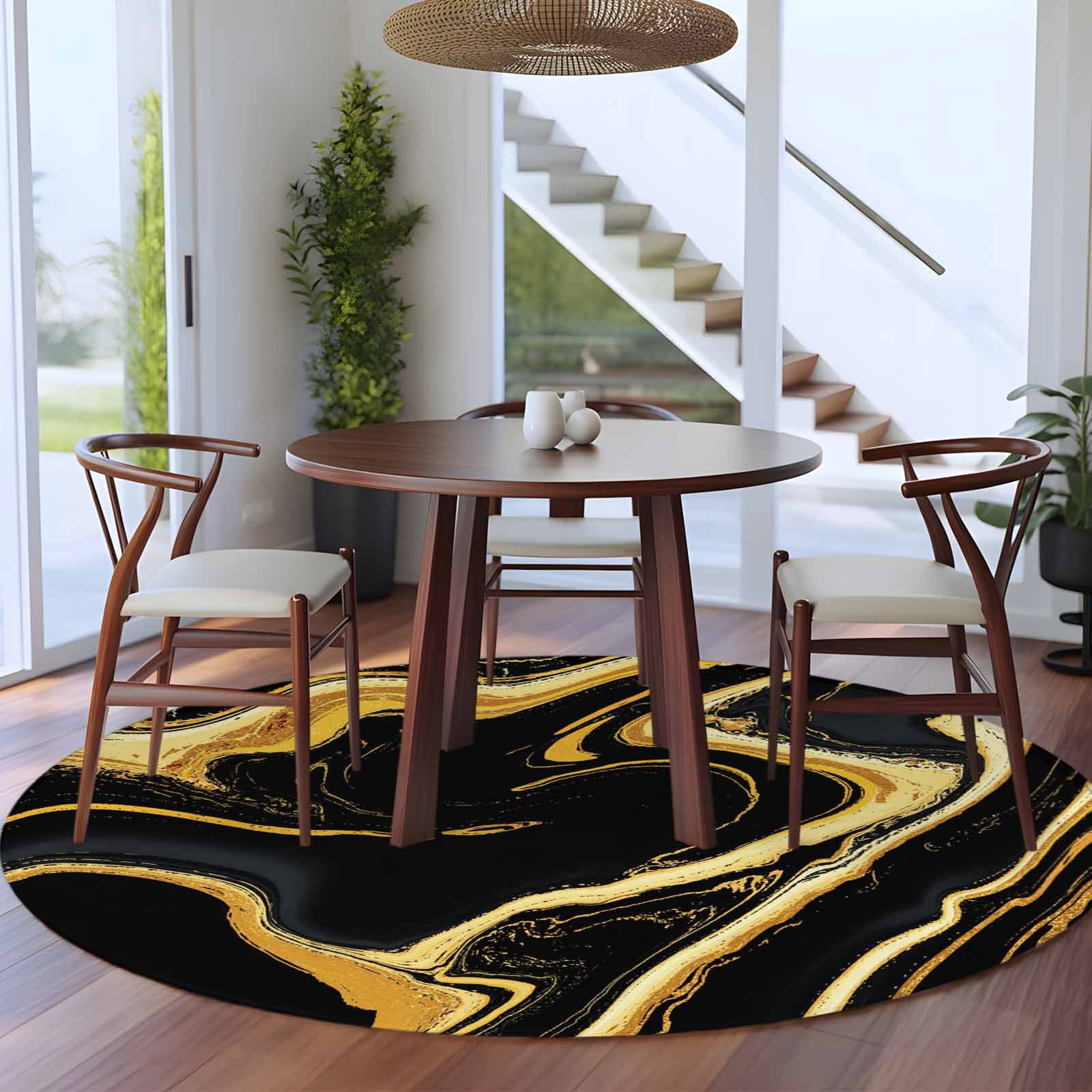Black Gold Round Living Room Rugs 7 ft, Marble Luxury Abstract Glitter Fluid Pattern Washable Area Rug with Non-Slip Sturdy Edge Binding Round Carpet for Kitchen Office Bedroom