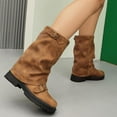 thumbnail image 5 of Women's Leather Slouchy platform Buckle Mid-Calf Boots Comfort Wide Round Toe Slip On lug sole Motorcycle Combat Boots, 5 of 6