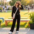thumbnail image 6 of Szluipve 2 Piece Sets for Women Velour Tracksuit 2 Piece Outfit Half Zip Stand Collar Top Leopard Print Side Stripe Wide Leg Pants Casual Loungewear Set Black XL, 6 of 7