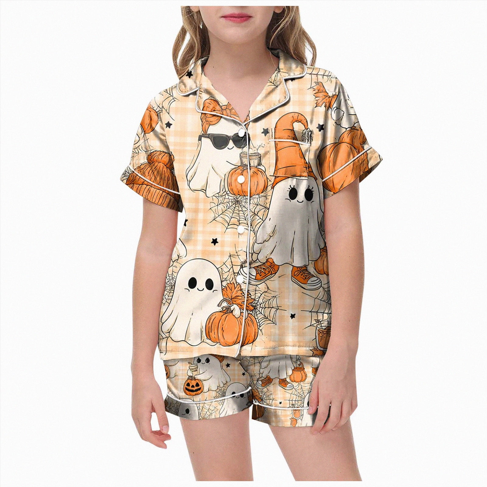 NOLDARES Halloween Pajamas for Girl Button Top and Shorts Ghost Print Lounge Pjs Sleepwear Short Sleeve Funny(R115-Purple)