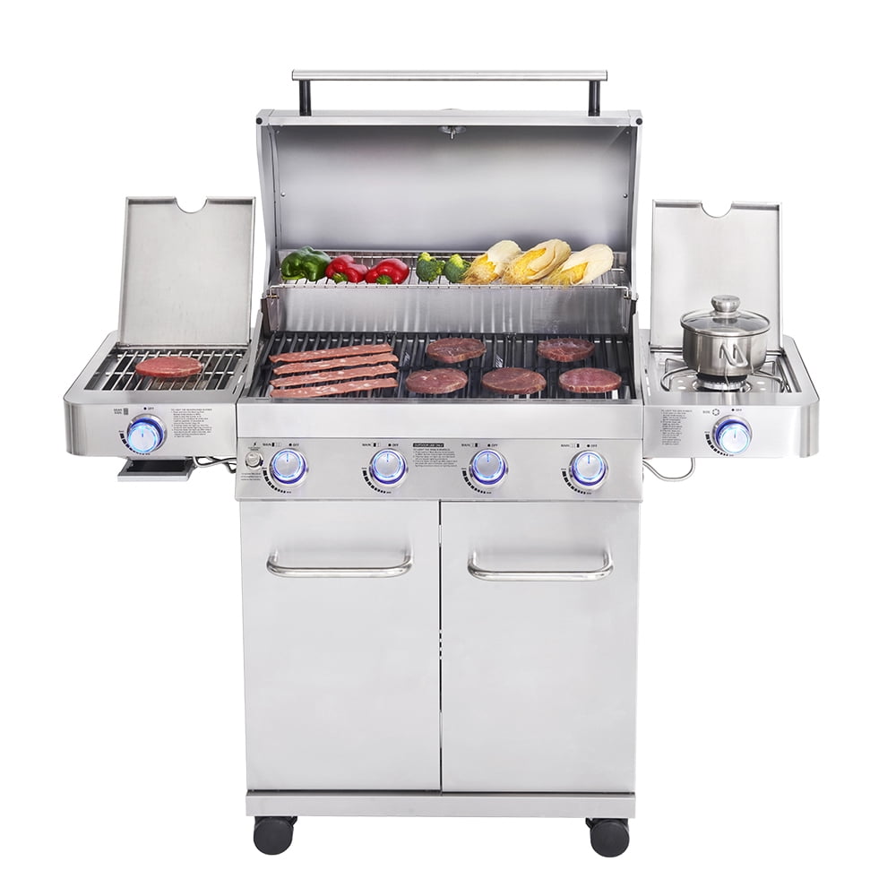 Monument Grills 4-Burner Propane Gas Grill in Stainless with LED Controls, Grill Cover, Side and Side Sear Burners