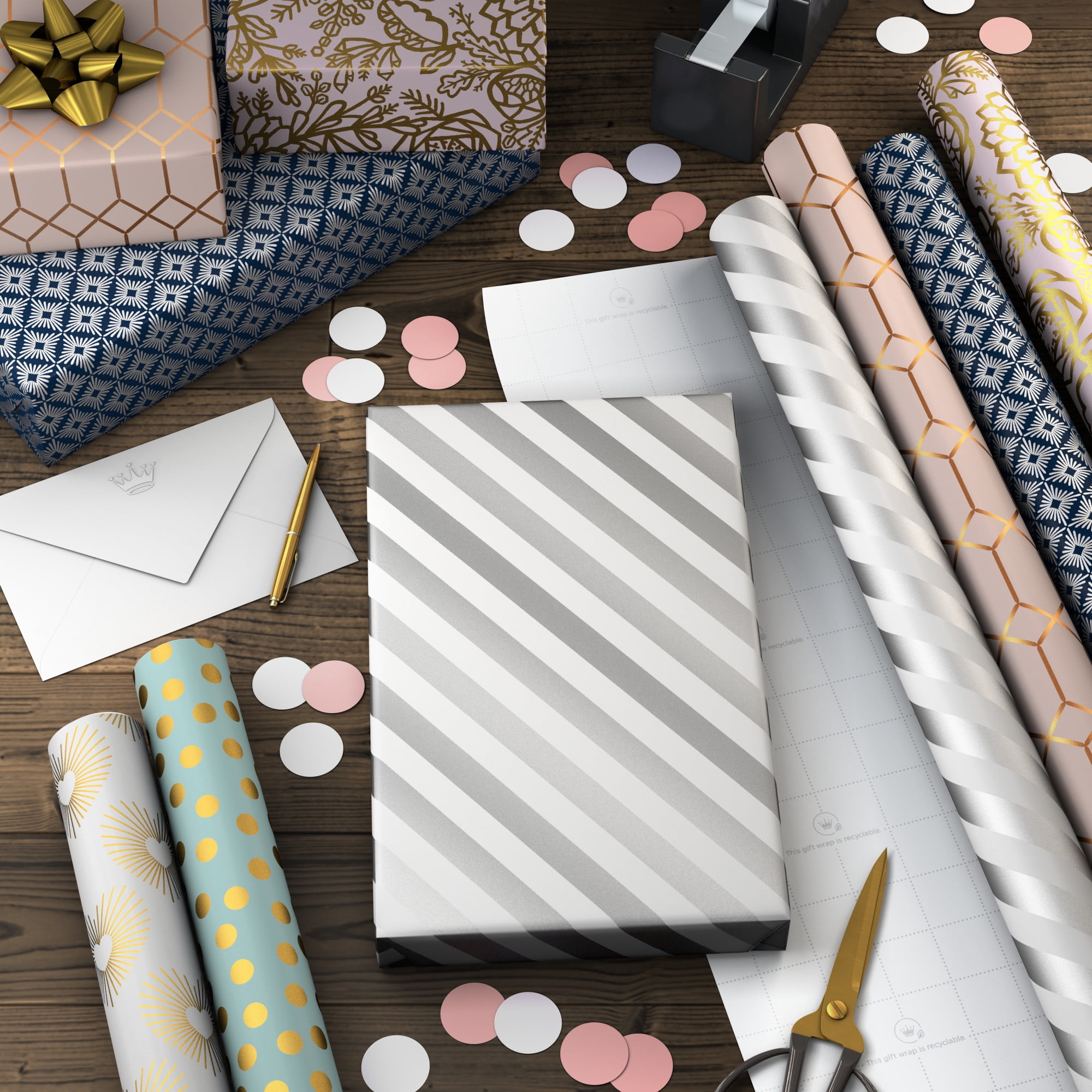 Hallmark 6-Pack Assorted Wrapping Paper Roll Bundle (White and Silver Stripes, Mint Green, Gold Hearts and Flowers) for Weddings, Bridal Showers, Birthdays, 180 Sq. Ft. Total