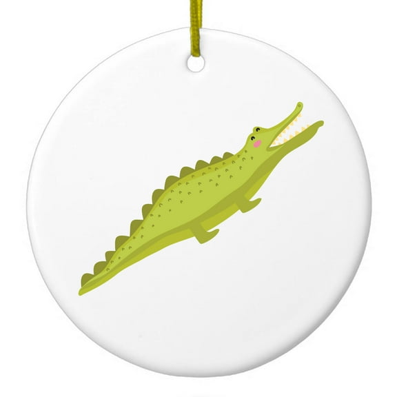 DistinctInk Hanging Ceramic Christmass Tree Ornament with Gold String - Great Gift / Present - 2 3/4 inch diameter - Cute Cartoon Alligator