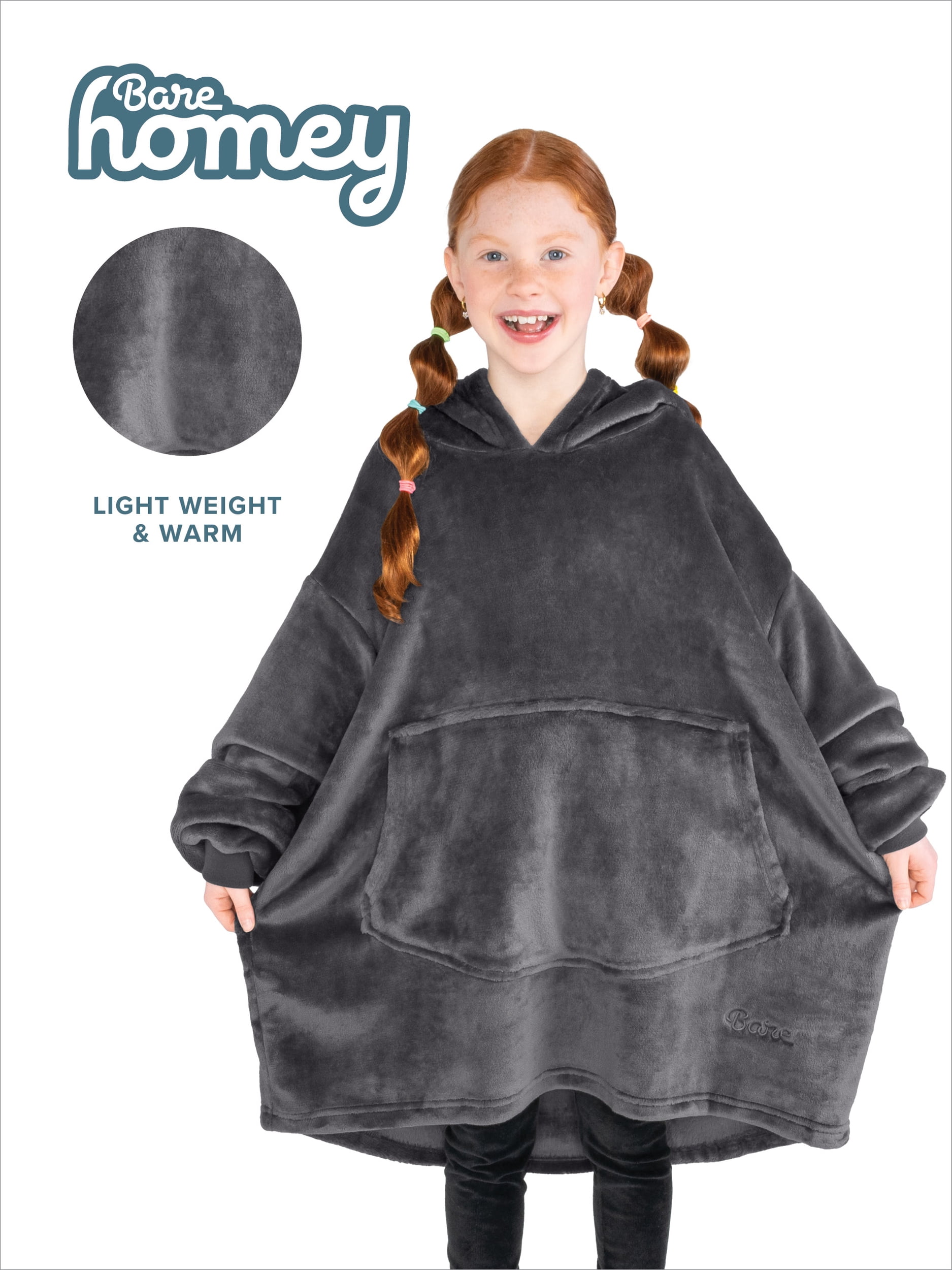 Bare Homey Kids Size Microplush Wearable Blanket, Round Trapezoid Pocket, Forged Iron Gray