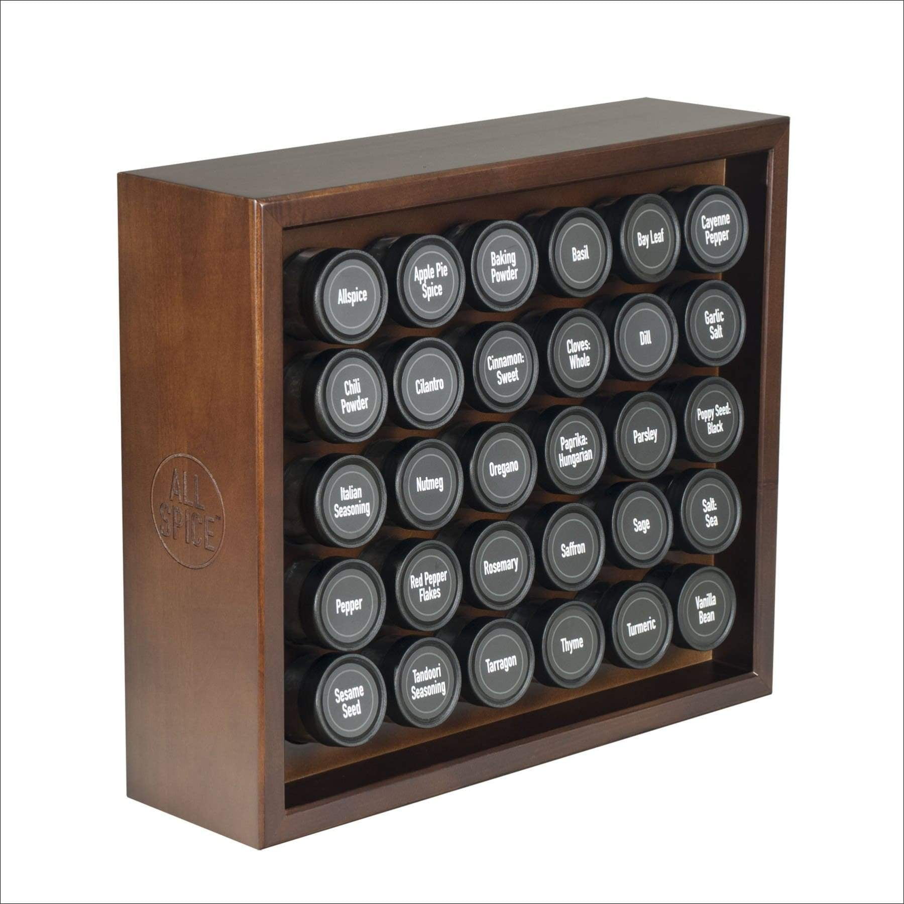 AllSpice Wooden Spice Rack, Includes 30 4oz Jars Walnut 30 Jar Walnut