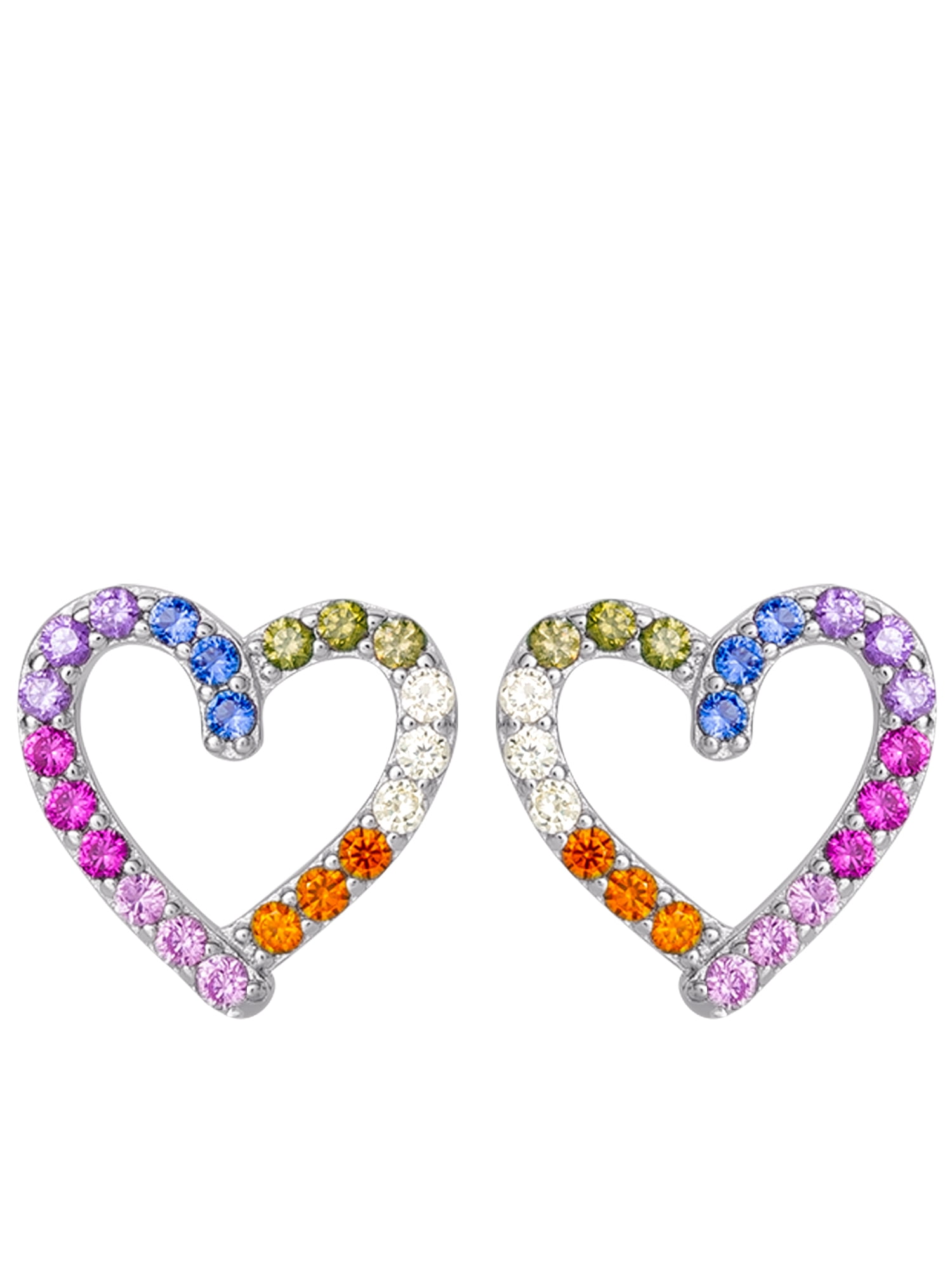 Graduated Stones Cubic Zirconia Open Heart Stud Earrings Rhodium Plated Sterling Silver