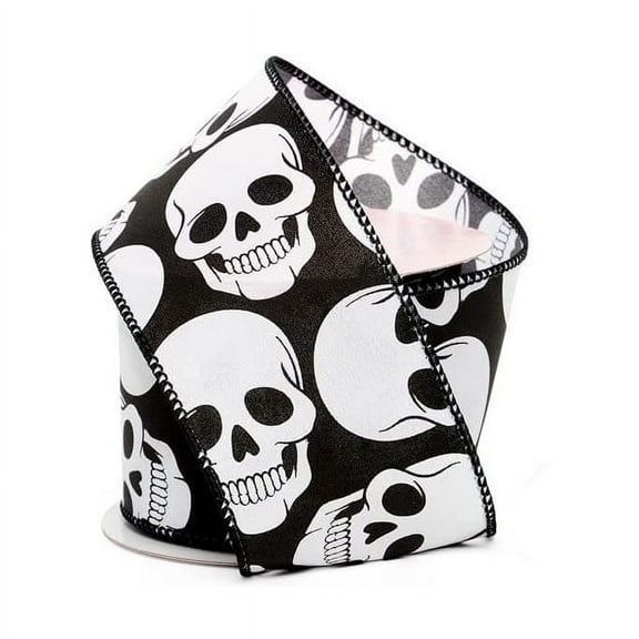 Spooky Skulls Wired Halloween Ribbon - 2 1/2" x 10 Yards, Black Satin, Fall, Wreath, Birthday, Horror Decor, DIY