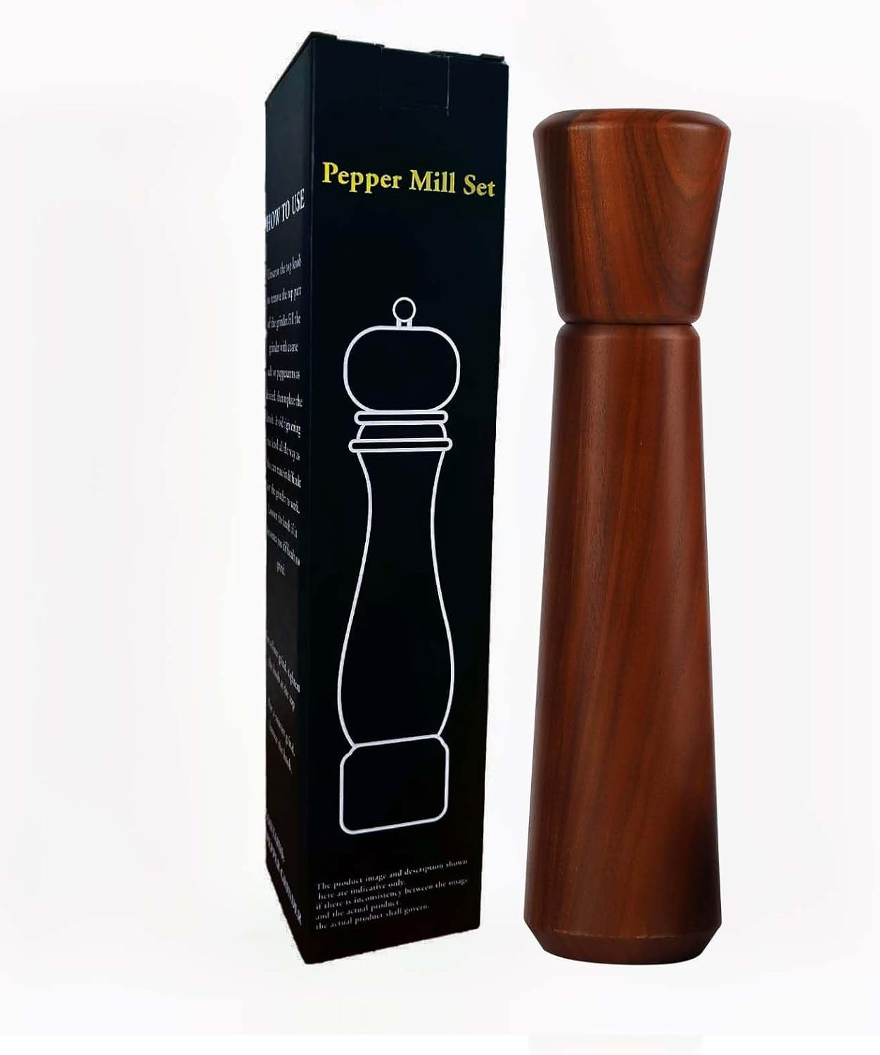 ABCISI Wooden Pepper Grinder,10In Wood Pepper Mill, Refillable Salt Grinder, Pepper Grinder Manual with Adjustable Ceramic Rotor, Easy Refill, Salt and Pepper Shakers with Coarseness Control 1-Pack