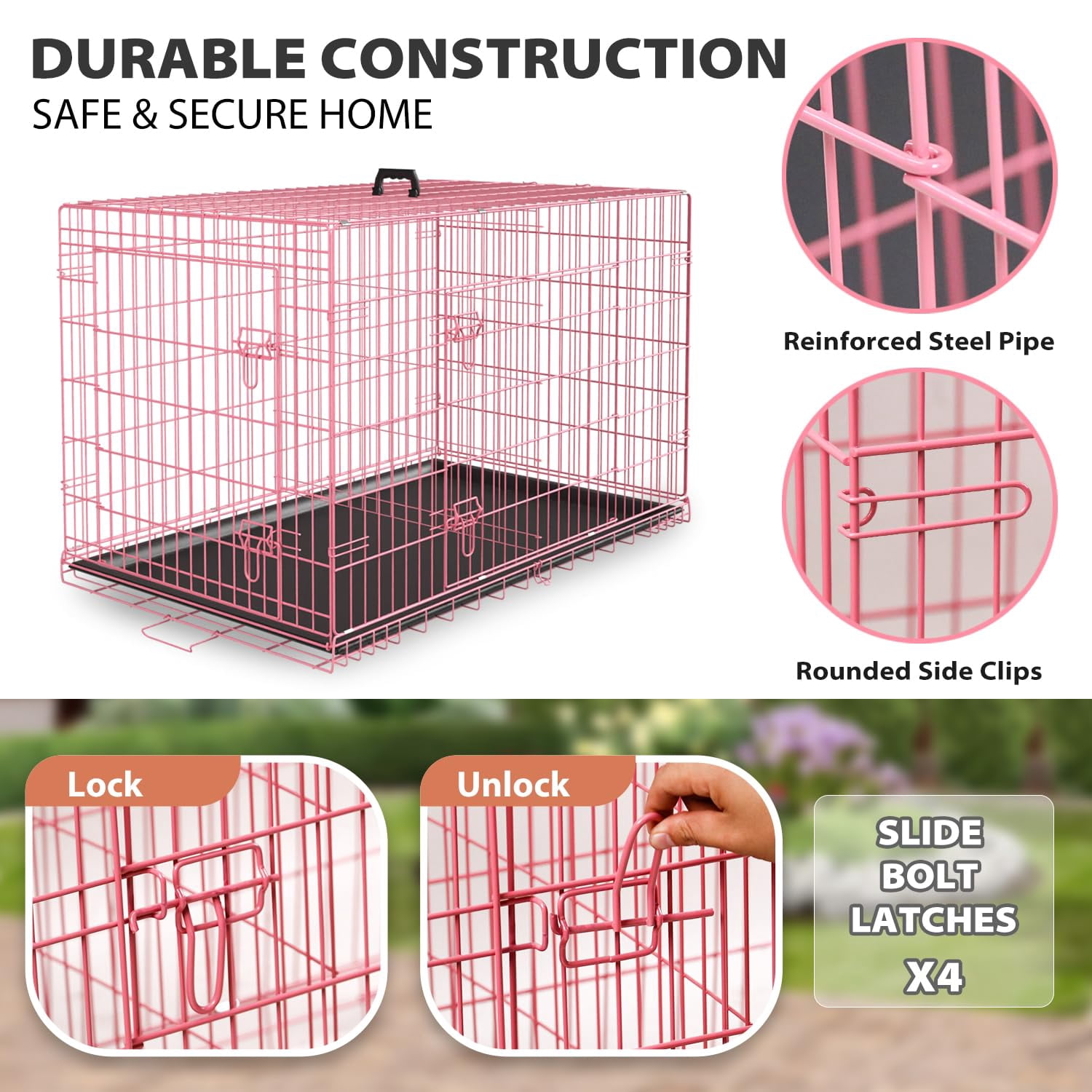 XF XINFENG Dog Crate Kennel for small dogs 30 inches Metal Dog Cage Double-Door Folding Travel Indoor Outdoor Puppy Playpen with Divider,Pink
