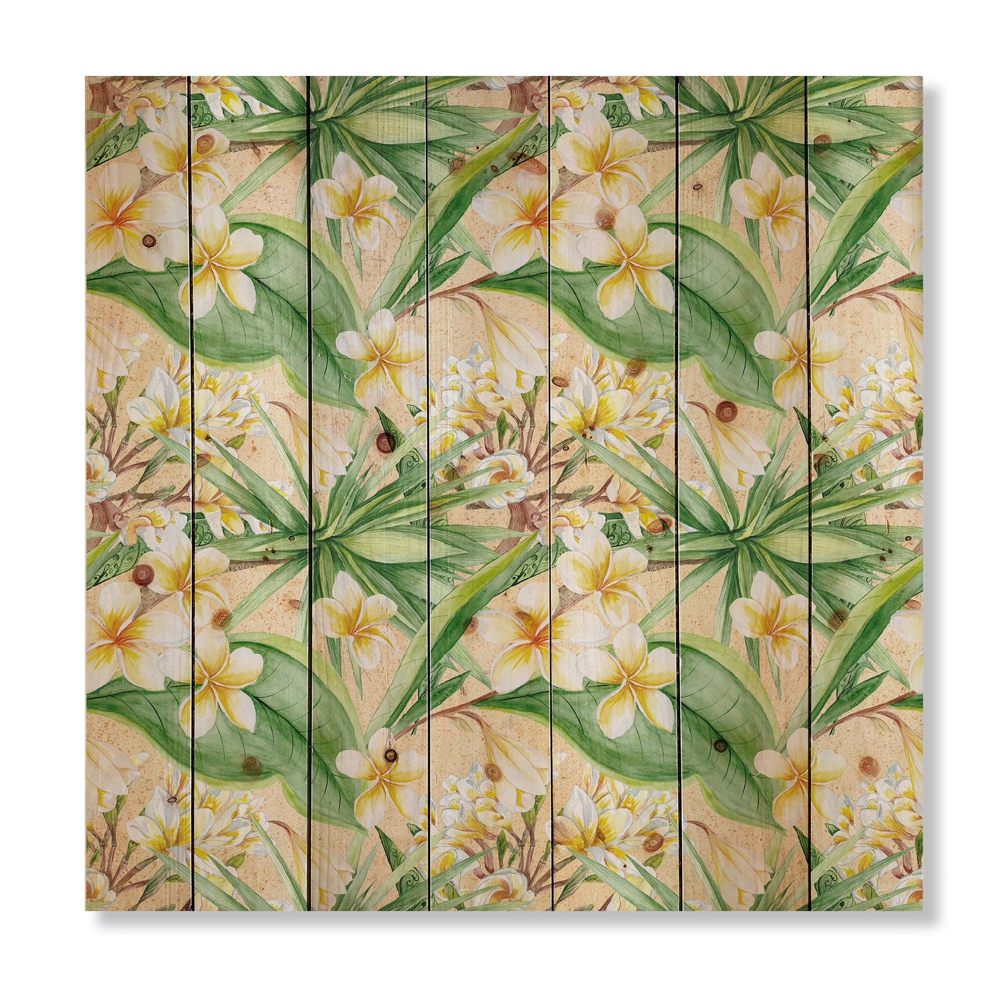 Designart 'Yellow Flowers and Tropical Foliage XIII' Modern Print on Natural Pine Wood