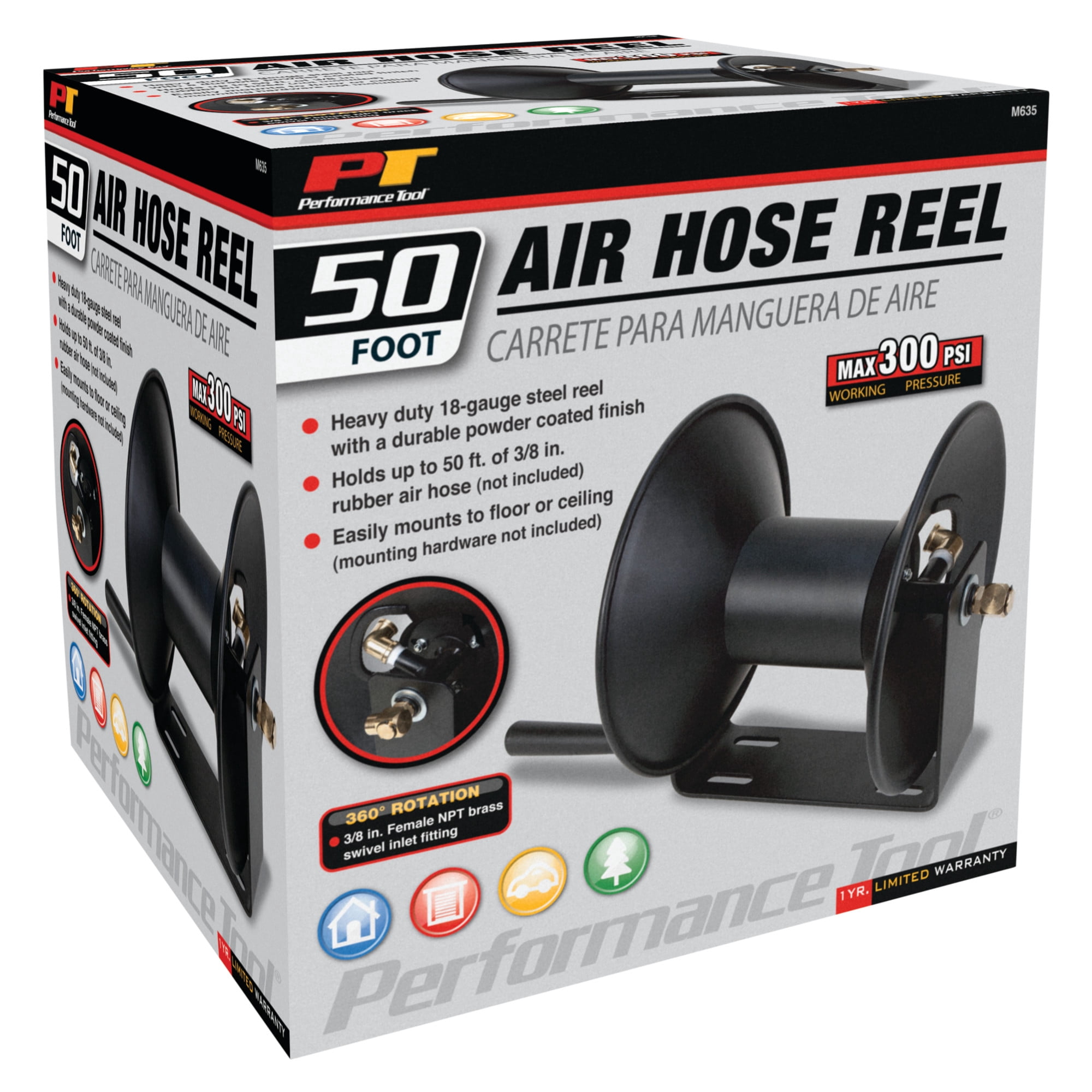 Performance Tool M635 50' 18 Gauge Steel Air Hose Reel (Reel Only)