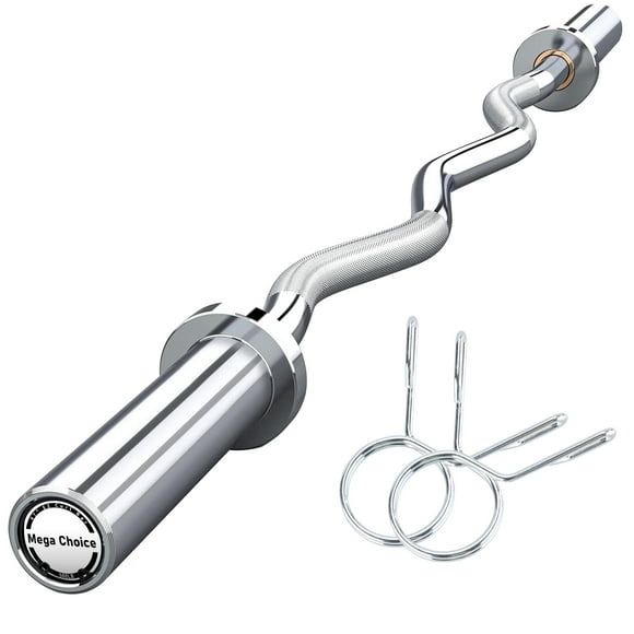 47" EZ Curl Weight Lifting Bar, Barbell Bar for Biceps, Triceps, Back and Leg Muscle Group Exercise, Chrome Home Gym Weight Bar with 2 Spring Collars for 2 Inch Weight Plates