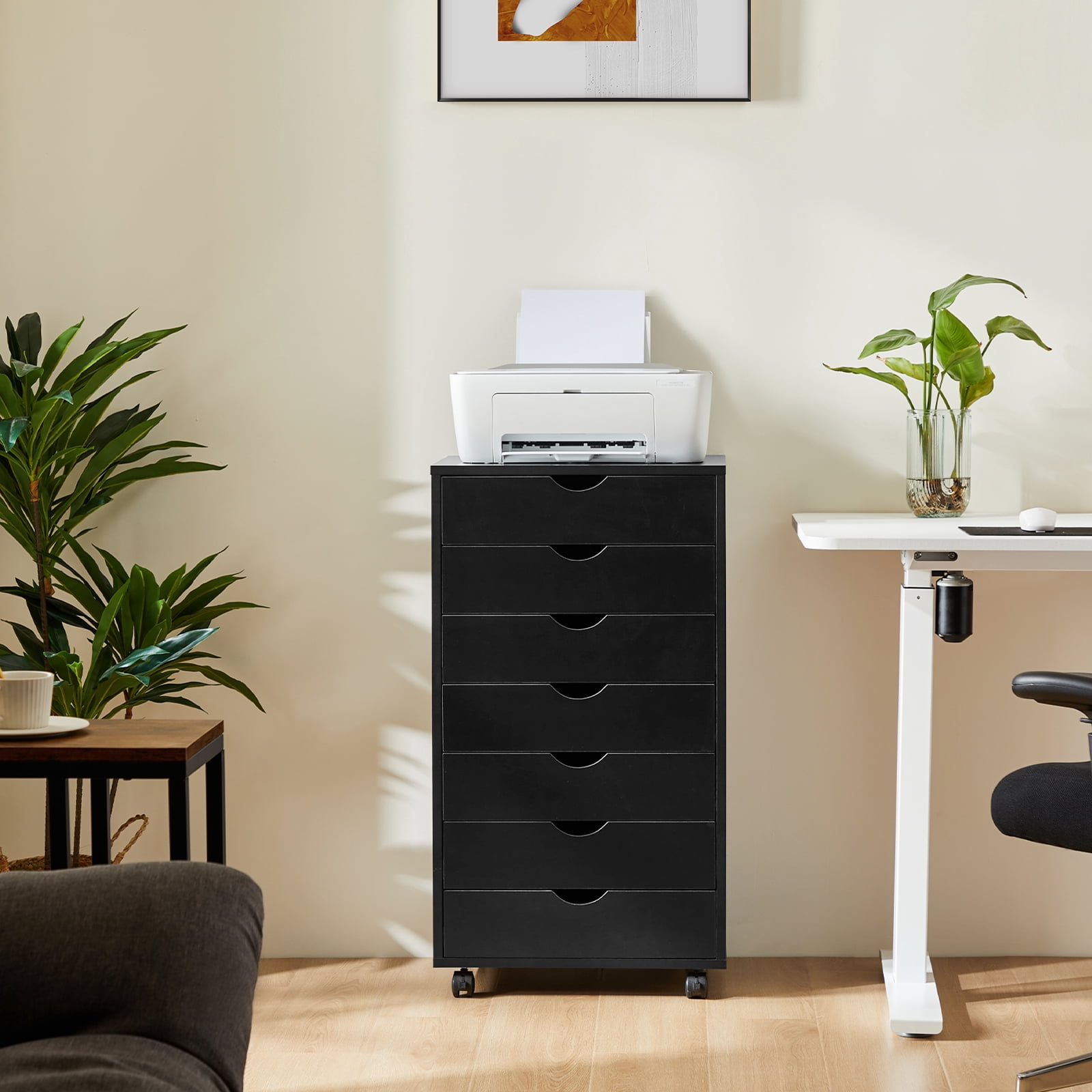 JOINSUN 7-Drawer Dresser, Wood Storage File Cabinet with Wheels and Drawer Organizer for Bedroom Closet, Black