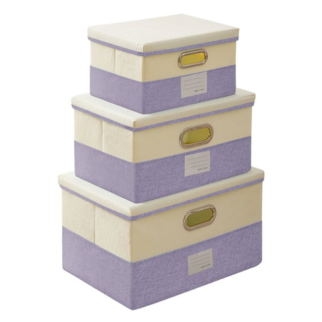 3 cubos de almacenamiento con tapas, cajas de almacenamiento plegables de lino y algodón con tapas, Tomshoo Morado
